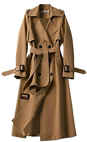 EMUKFD Trench lungo da donna con cintura leggero doppiopetto spolverino trench 2023 cappotto alla moda classico capispalla colletto con risvolto giacca a vento cappotto invernale autunno, cachi, M