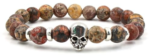 Daesar Armbänder für Herren, Perlenarmband Chakra Personalisiert 8MM Rot Braun Achat mit Totenkopf Charm Armbänder Männer 19CM
