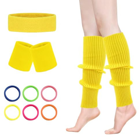 Yuqilin Sexy Beinstulpen,Neon Strümpfe Strick Stulpen Kniestrümpfe Damen Neon Strick Stulpen 80er 90er Extra Warm Beinwärmer mit Schweißband Stirnband 6 Haarring,für Karneval Tanzen Aerobic Kostüm
