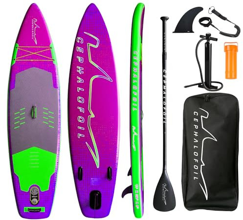 Cephalofoil ® Inflatable Stand up Paddleboard SUP (Magenta & Seafoam Green) with Fibreglass Paddle, Double Action Pump, Backpack, Repair Kit - 11'x 32x 6