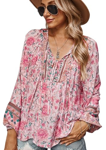 CNTSFS Chemisier femme élégant décontracté Boho col en V, motif floral, tunique ample, manches longues, été, Rose, L