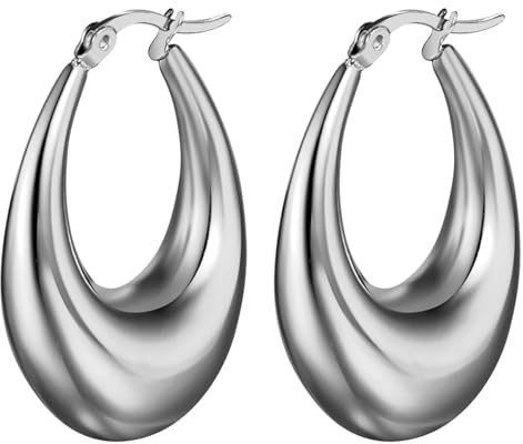 Flongo Ohrringe Hoop Damen Creolen: gold rosegold silber oval Ohrstecker rund Groß Dick klobige Edelstahl Tropfen Glitzer Huggies charm chunky Reif Earrings Modeschmuck Geschenk für Frauen Mädchen