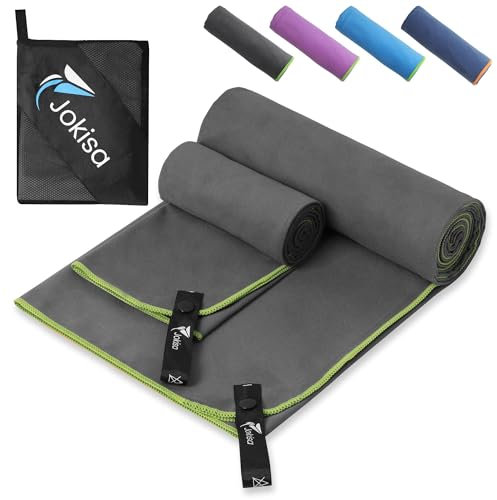 Jokisa 2 Set Asciugamano Microfibra (180x90cm Telo Grande+100x50cm Telo Palestra),Asciugatura Rapida e Senza Sabbia Telo Mare,Asciugamani Palestra Adatto per Fitness,Spiaggia (Scuro Grigio - Verde)