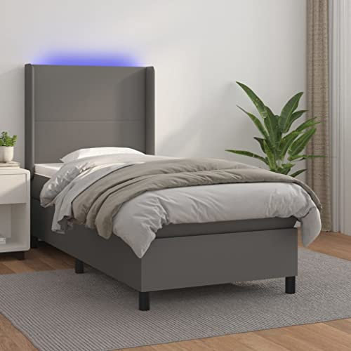THOYTOUI Boxspringbett, Seniorenbett Bettsystem Tagesbett Betten Geeignet für Wohnungen Aufenthaltsraum Hotel Gästezimmer mit Matratze & LED Grau 90x190 cm Kunstleder
