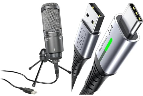 Audio-Technica 2020USB+ Cardioid Condenser Microphone (USB connection) Grey & INIU USB C Charger Cable 2m 3.1A Type C Cable Fast Charging, Braided USB A to USB-C Phone Charger