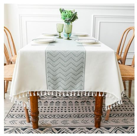 Epinki 140x180CM Tischdecken, Tischtuch Welle Muster mit Quaste Polyester, Tafeldecke Tischbedeckung für Küche Esstisch Dekoration für Drinnen Draussen Garten Esszimmer Party und Festen, Weiß