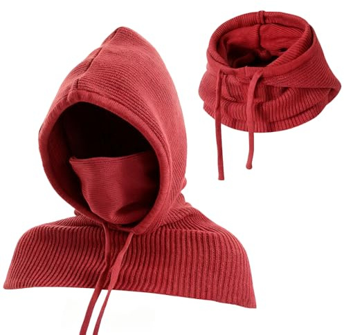 TAGVO Winter Strickmütze und Schal, 3-in-1 Kapuzenschal, Einteilige Sturmhaube, Verstellbarer Winddichter Gesichts- und Nackenwärmer, Schals für Herren und Damen im Freien