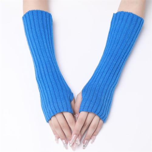 LVUNZJCA Armwärmer Lange Handschuhe, Manschetten, lang gestrickt, warm, mit offenen Fingern, gestrickte Ärmelabdeckung für Damen(Blau)