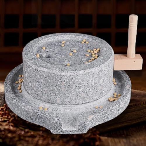 Small stone grain mill, manual dry/wet grain stone mill with wooden frame + tofu frame mould, sturdy and wear-resistant, suitable for grinding wet and dry food, teaching and viewing(30cm/11.8in)