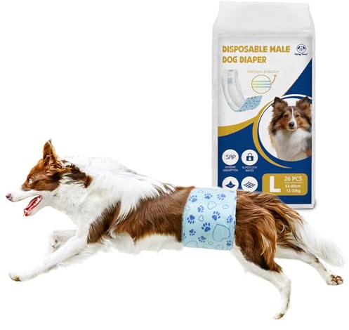 Flying Paws 26 Pañales Desechables L para Perros Macho con Indicador de Humedad, Protección Antifugas Pañales Suaves Súper Absorbentes