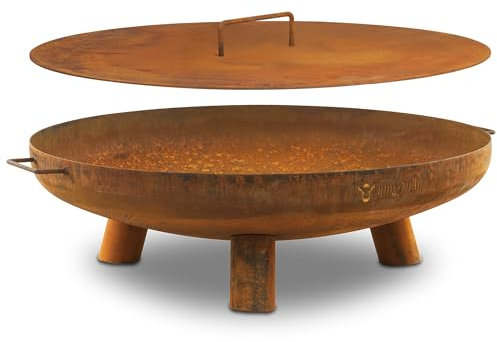 BBQ-Toro Brasero de acero inoxidable de 80 cm de diámetro con tapa, aspecto oxidado, para exteriores con tres patas y dos asas, brasero para el jardín, cuenco de fuego, cuenco de fuego para jardín