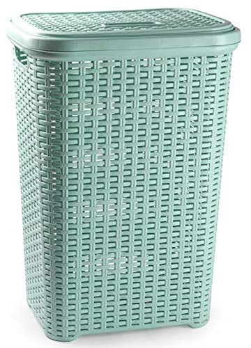 Tradineur - Cesto para Ropa Sucia con Asas y Tapa, pongotodo Rattan de plástico, Cubo para Colada, imitación Mimbre, hogar (Verde, 60 litros, 61,5 x 42,5 x 34 cm)