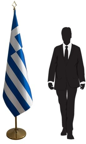 Drapeau Grèce avec mât et pied – drapeau pour usages protocolaires, représentations diplomatiques, ambassades, consulats, universités, collectivités, administrations et cérémonies. Code CN7-GR-L