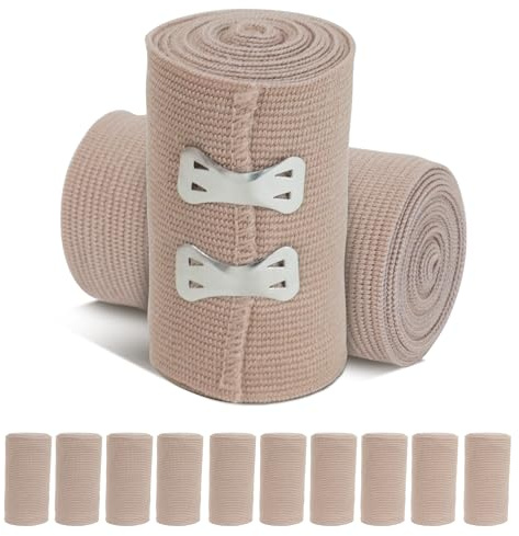 Pressure Bandage with Metal Clips - 12 Pcs Premium Compression Bandage, Elastic Bandages Wrap with Self-Closures, Sports Support Bandages, CrepeBandage for Wrists Knees Ankles (7.5mx4.5cm)