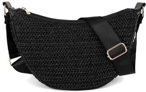 Gladdon Damen Schultertasche Stroh,Halbmondförmige Schultertasche | Leichte Halbmond Tasche im Boho Stil, perfekt als Sommertasche, Strandtasche und Freizeitbegleiter für den Urlaub