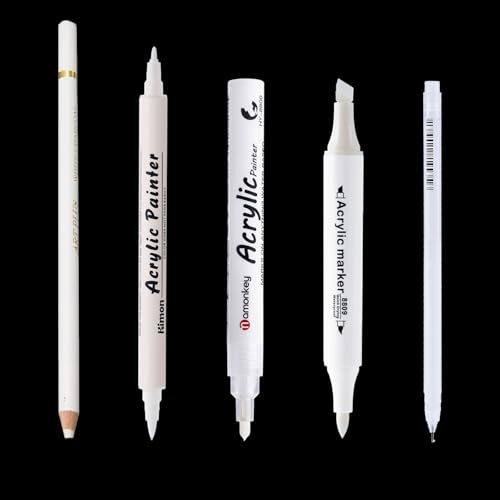Canollo 5 Stück Gelstifte Weiß Set, Lackstift Weiß mit Unterschiedlichen Spitzen, Weiße Gelstifte zum Zeichnen, Multisurface-Marker für Schwarzes Papier, Stoff, Plastik, Skizzieren, Zeichnen