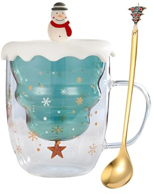 Syfunlv Grinch Weihnachtstasse Doppelwandige Glastasse mit Deckel und Löffel, Weihnachtsbaum Kaffeetasse Espressotasse Teeglas Milchtasse Stil 3