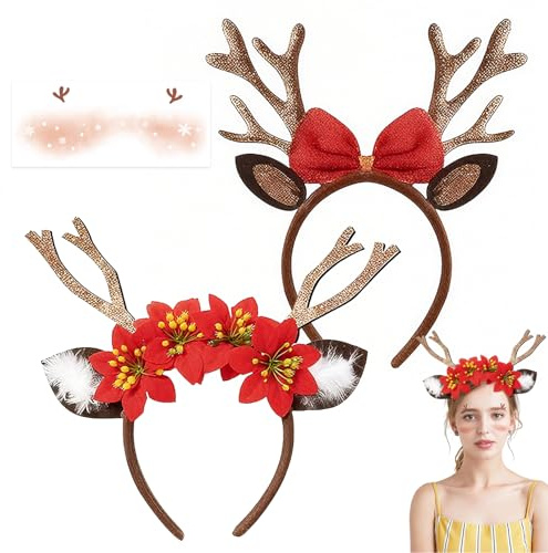 2 Stück Haarreif Weihnachten, Rentier Geweih Stirnband, Glitzer Weihnachts Haarreifen, mit Blume Schleife Geweih Haarreif, mit Gesicht Tattoos, Weihnachten Party Haarschmuck Weihnachts Kopfschmuck