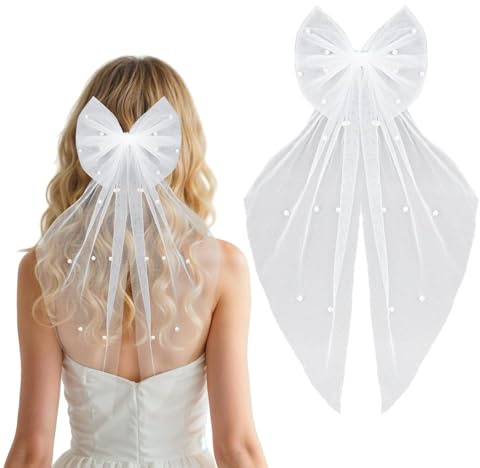 BUKYCAT Brautschleier Kurz, JGA Schleier, Haarschleife Braut Schleiers Softtüll, Hochzeit Brautschleier, Braut Haarschleife, Weißer Schleier mit Perlen & Schleife für Junggesellenabschied & Hochzeit