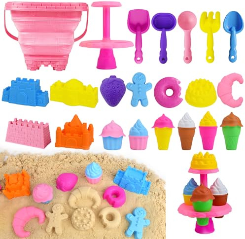 Beach Toys for Kids,Ice Cream Dessert Sand Toys 31Pcs Kids Sand Play Set,Dessert Molds with Collapsible Buckets, Sand Castle Building Kit,Shovels and Mesh Bag,Travel Toys for Toddlers Boys Girls
