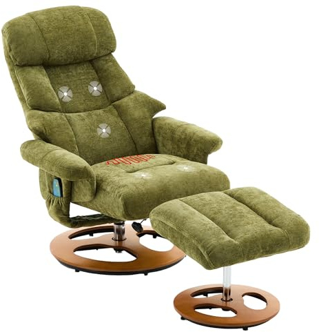DEKKETO Relaxsessel mit Hocker, Fernsehsessel mit Liegefunktion, 360° Drehstuhl mit Fußhocker aus Holz, TV Sessel Drehbar Modern mit Seitentasche, Chenille, Grün