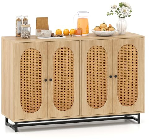 DREAMADE Küchenschrank, Buffetschrank mit Türen aus PE-Rattan & verstellbaren Ablagen, Sideboard aus Holz, Wohnzimmerschrank 108 x 38 x 81 cm für Küche, Esszimmer & Wohnzimmer, Natur