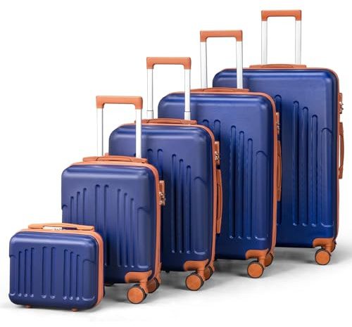 LALAHO Kofferset 5 teilig mit Kosmetikkoffer (Navy-Braun) | Hartschalen Koffer Set aus ABS, Reisekoffer Set, Gepäckset mit Schminkkoffer, Handgepäck