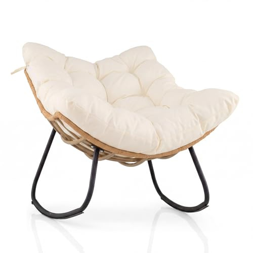 COSTWAY Sedia a Dondolo da Esterno, Poltrona in PE Vimini con Cuscino Rimovibile, Poltrona Relax in Rattan con Struttura in Metallo, per Soggiorno, Balcone, Giardino, Portata 140 kg (Beige)