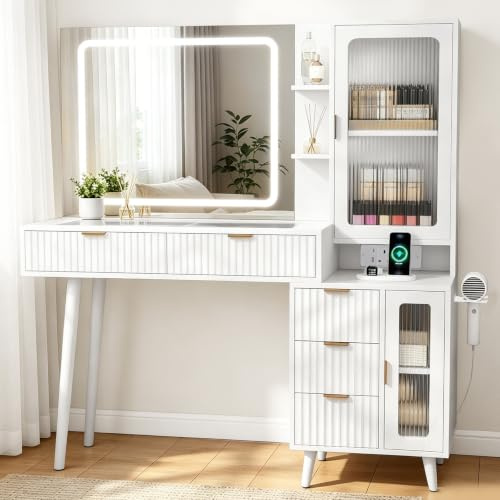 Dressing Table 75cm LED Mirror, Power Outlet & Glass Storage Bedroom Vanity
