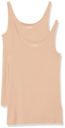Amazon Essentials Canotta Slim con Spalline Sottili Donna, Pacco da 2, Beige Medio, S