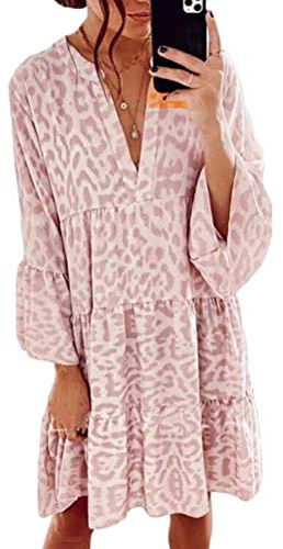 ORANDESIGNE Damen Kleider Strandkleid Boho Tunika Sommerkleid V-Ausschnitt Blumenkleid Lose A-Linie 3/4-Arm Tunika Mini Kleider C Rosa M
