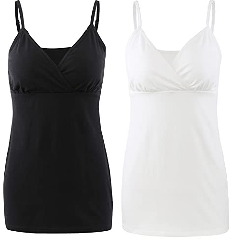 COLOMI Amning tanktops för moderskap integrerad bh för amning grundläggande kamisole, Svart/vit/2-pack, M