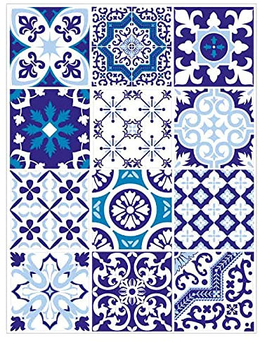 | Stickers Carreaux Muraux | Planche de 12 Stickers Autocollants Adhesifs Carrelage - Carreaux de Ciment - BLUEMONKEY - Dimensions d'un Sticker : 10 x 10 cm - Salle de Bains Cuisine Meubles ...