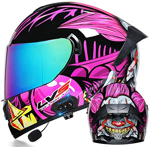 Casque Moto Integral Homologué ECE, Casque De Moto Bluetooth Intégré Casque Moto De Cross Double Visiere Pour Homme Femme Musique Mp3 Stéréo, Double Haut-Parleur Intégré, Rose Colored Lenses,XL