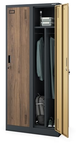 Jan Nowak Spind Schrank, Metallschrank, Schließfachschrank | 2 Abteile mit Kleiderstange, Trennwände, Lüftungsschlitze, 4 Kleiderhaken pro Abteil, Metall | 180 cm x 80 cm x 50 cm, Anthrazit/Nussbaum