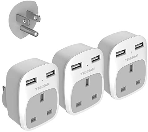 TESSAN UK to US Plug Adapter 3 Pack, American Plug with 2 USB, 3 in 1 American Travel Adapter UK to US, Mexico, Canada, Thailand, Colombia, Cuba etc (Type B)