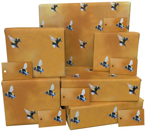 Luxury ECO Gift Wrap - 6 sheets/tags - Oil Bumble Bee Brown - Birthday - Recycled & Recyclable Wrapping Paper - Re-wrapped