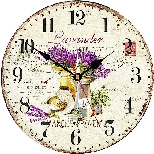 TAHEAT 30 cm Púrpura Lavanda Reloj de Pared, Silencioso Vintage Madera Reloj, Francés Style Reloj de Pared para Salon de Estar/Cuarto/Baño/Cocina