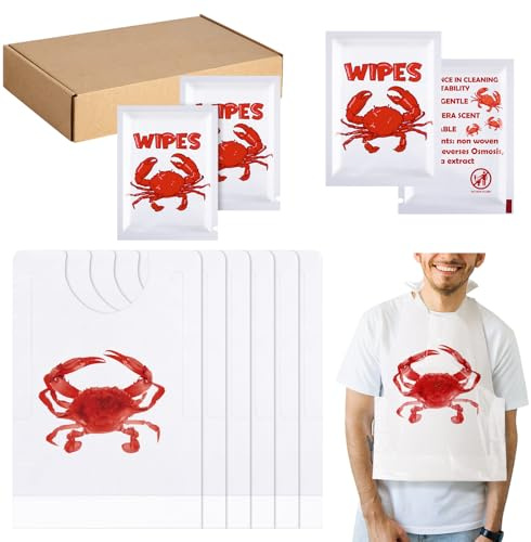 Wesiti 100 Pcs Lobster Crab Bib Wet Wipe Set 50 Crawfish Bib Disposable Adult 50 Moist Towelettes Seafood Boil Party Supply(Crab)