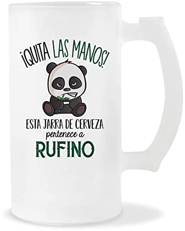 Planetee Jarra de Cerveza | Nombre Rufino | Vaso con un Panda bonito pero gruñón. Original idea para regalar a un amigo, familiar o colega