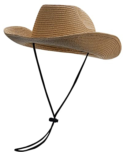 CLAPE Stroh Sonnenhut Retro Cowboy Hut Strohhut mit Breiter Krempe Sommer Fedora Hut Panama Hut Verstellbar Outdoor Hat
