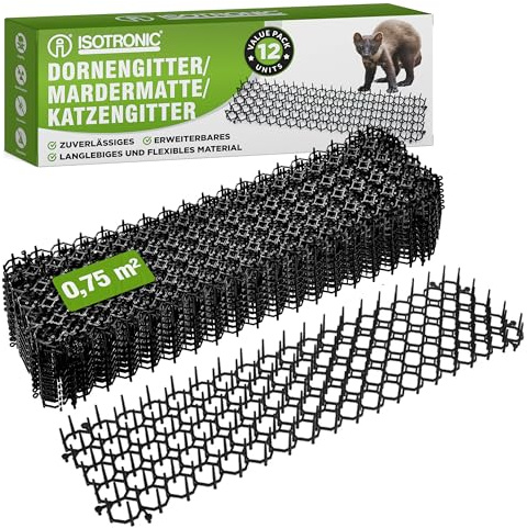 ISOTRONIC Kattskrämma för utomhusbruk, mårdmatta, spingaller, djurbarriär – kattförsvarsmatta med 2,5 cm plastspetsar, klösskydd för katter (svart 12 stycken)