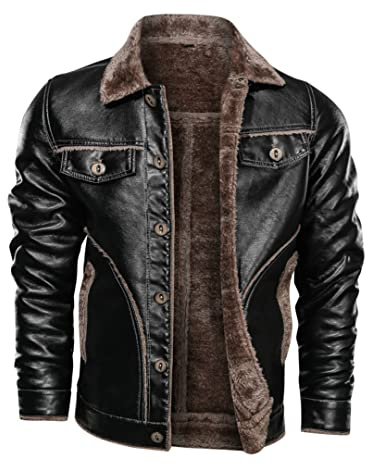 Alloaone Veste En Cuir D'hiver Pour Hommes Manteau En Cuir PU Épais Veste Polaire En Fourrure Double Face black XL