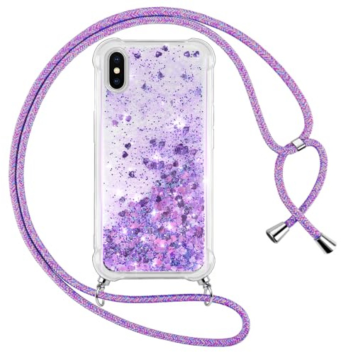 Vauki handyband für iPhone XS/X Hülle mit Band, Silikon Durchsichtig Transparent Flüssig Glitzer mit Kette Kordel Treibsand Necklace TPU Schutzhülle Case für iPhone XS, Lila