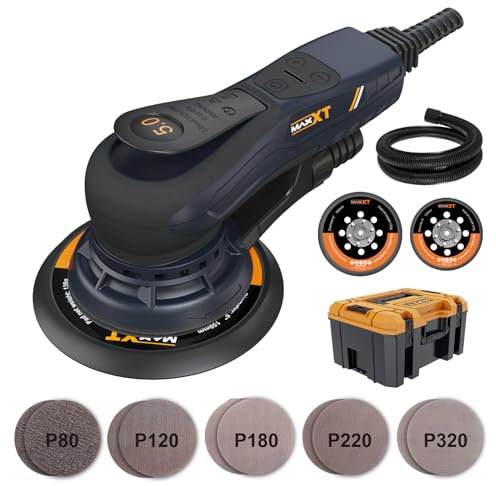 Levigaorbitale MAXXT 5,0mm brushless | Plateau doppio 150mm & 125mm | Motore EC 350W | 4000-10000 RPM | Scatola stampata | 20 carte abrasive per legno e lucidatura