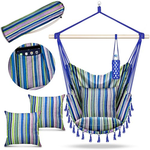 tillvex® Hängesessel 2 Kissen zum Aufhängen | Hängestuhl Indoor & Outdoor | Hängekorb wetterfest | Schaukelkorb Nestschaukel bis 150kg | Boho Hängesitz für Garten, Balkon, Terrasse oder Wohnzimmer