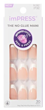 imPRESS Classic French Press-On Nails, No Glue Needed, White Tips, Medium Coffin, 33 Ct.
