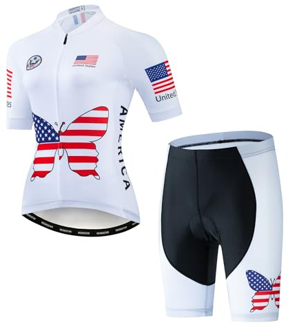 Weimostar Women Cycling Jersey Set 5D Gel Padded Shorts Short Sleeve Cycle Biking Shirt Girl Bicycle Clothing Breathable USA Flag Size L