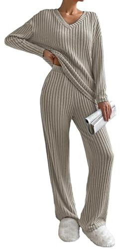 Famulily Womens Pyjamas Set Nightwear, Ladies Ribbed 2 Piece Outfits Loungewear Sets Leisure Suits Homewear V Neck Long Sleeve Jumpers and Wide Leg Trousers with Pockets