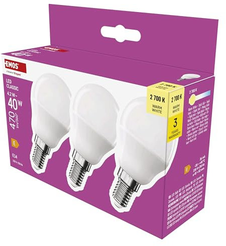 EMOS LED Lampe Mini Globe 3er Pack, 4,2W Ersatz für 40W Glühbirne, kleine Birne mit E14 Sockel, Helligkeit 470 lm, Warmweiß 2700 K, 30000 h Lebensdauer, CRI min. 80, 150° Abstrahlwinkel